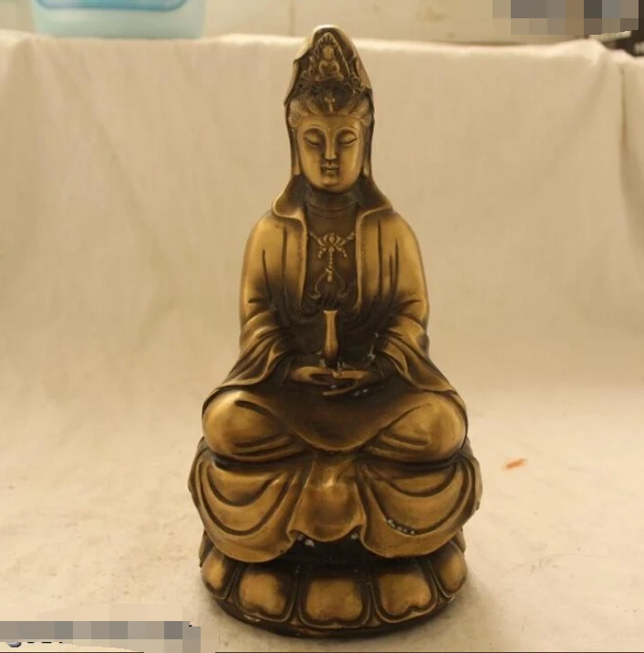 

R0720 Details about 9"Chinese Folk Bronze carved excellent Lucky Kwan-Yin Bodhisattva Statue