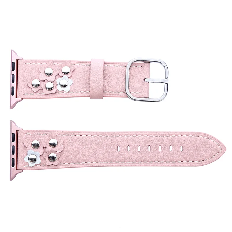 FOHUAS, ремешок из натуральной кожи для Apple Watch, 5, ремешок, 44 мм, 42 мм, iwatch, ремешок с цветком для ногтей, 38 мм, женский браслет с разъемом-адаптером - Цвет ремешка: Розовый