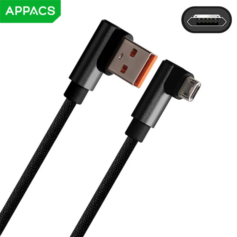 APPACS 90 градусов Micro USB кабель 2.4A быстрое зарядное устройство кабель данных плетеный кабель телефон зарядное устройство кабель для samsung huawei Microusb шнур - Цвет: Черный