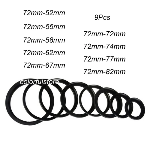 

9Pcs 72mm to 52mm-55mm-58mm-62mm-67mm-74mm-77mm-82mm 72 52 55 58 62 67 74 77 82 Step-Up Ring Camera Lens Filter Stepping Adapter