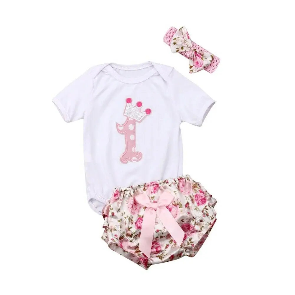

3Pcs Sweet Newborn Baby Girl First 1st Birthday Outfit Cake Smash White Tops +Print Shorts +Headband Clothes