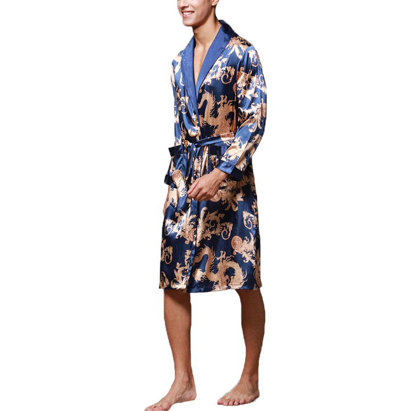 INCERUN модные атласные шелковые пижамы мужской халат одежда с длинным рукавом Lucky китайский дракон печати Халат пижамы Lounge