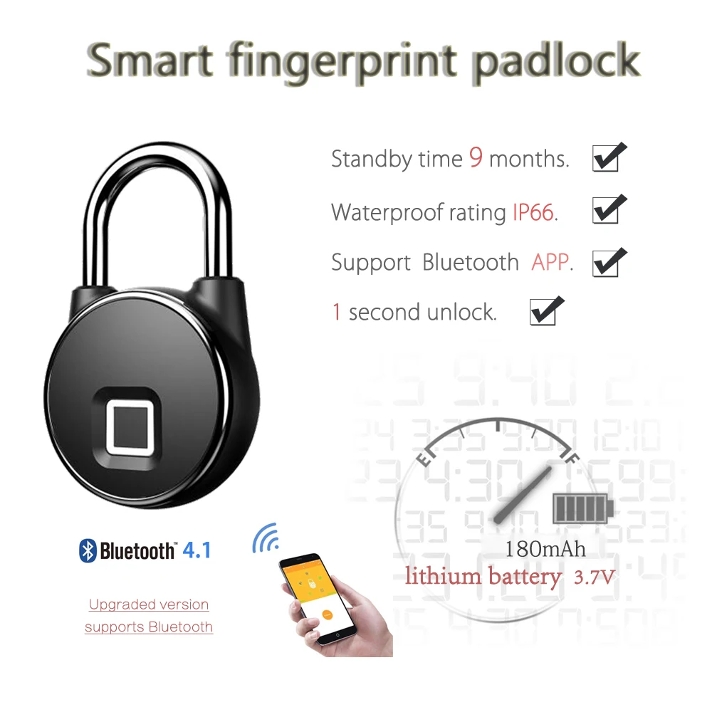 

OBTNL APP bluetooth Rechargeable Smart Lock Keyless Fingerprint Lock IP66 Waterproof Anti-Theft Security Padlock Door Luggage