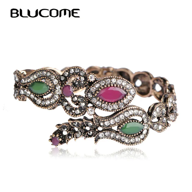 

Blucome Latest Vintage Women Party Bangles Red Acrylic Resin Tulip Flower Bracelets Full Crystal Turkish Bijuterias Hand Jewelry