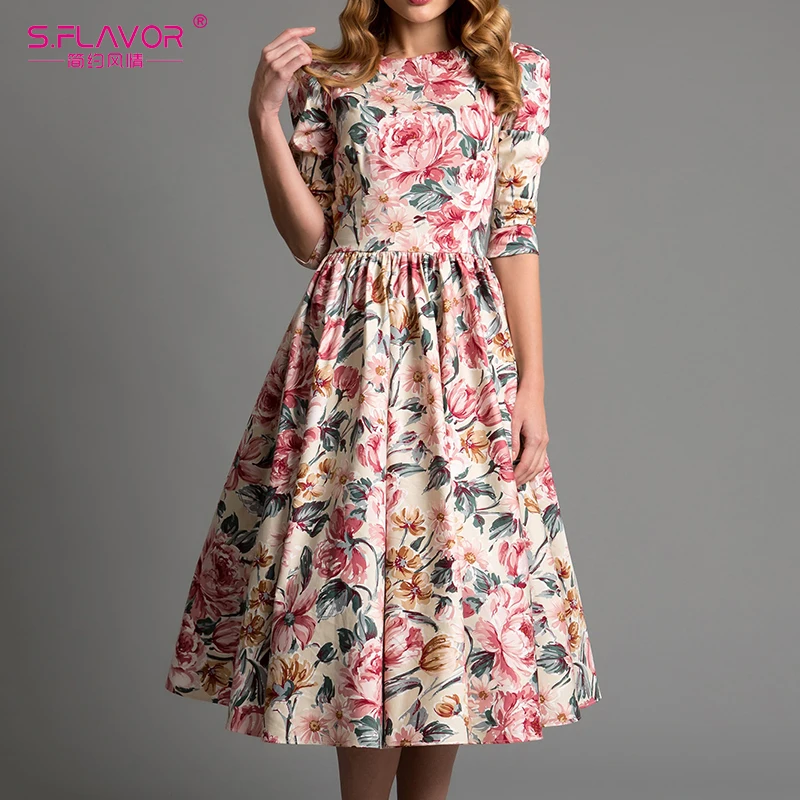 

S.FLAVOR women Spring Summer dress Hot sale Elegant three quarter mid-calf printing dress Bohemian style women vestidos de festa