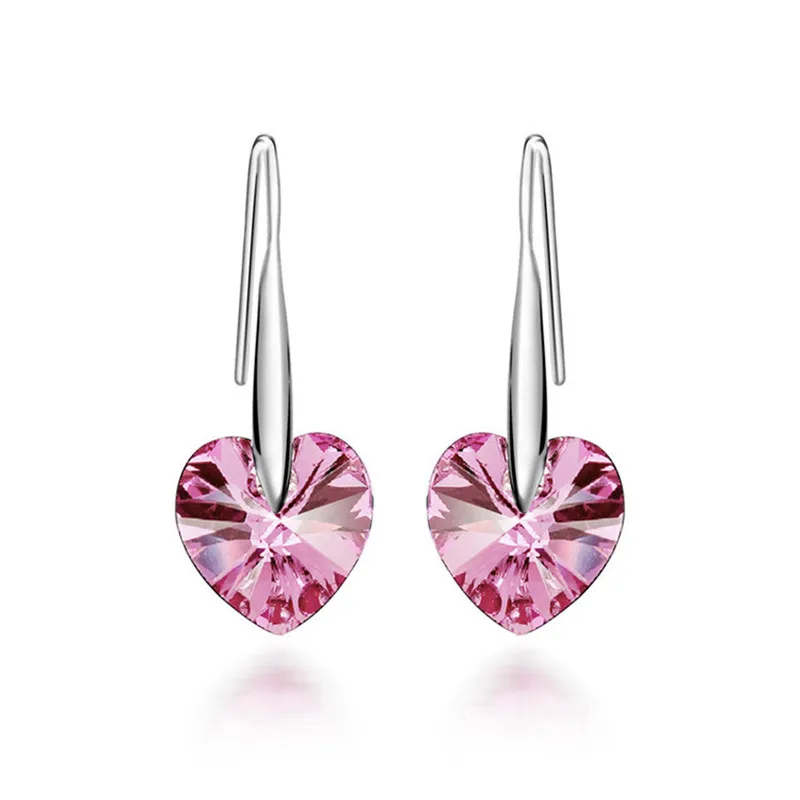

SHUANGR 2017 New Silver color Earrings Pink Austria Cubic Zircon Crystal Heart Shape Jewelry Fashion Earrings for Women Brinco