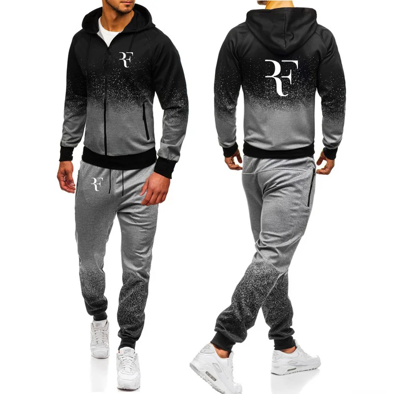 

RF Roger Federer Print Sweatshirt Gradient Hoodies Mens Zipper Jacket Mens Hoodie Harajuku Male Sweatshirt Sweatpants Suit 2pcs