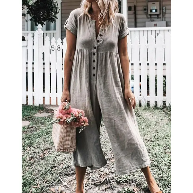 

Women Jumpsuit Summer Short Sleeve Ladies Jumpsuits Playsuit Elegant Womens Rompers Jumpsuit Loose Solid Color Rompers Trousers