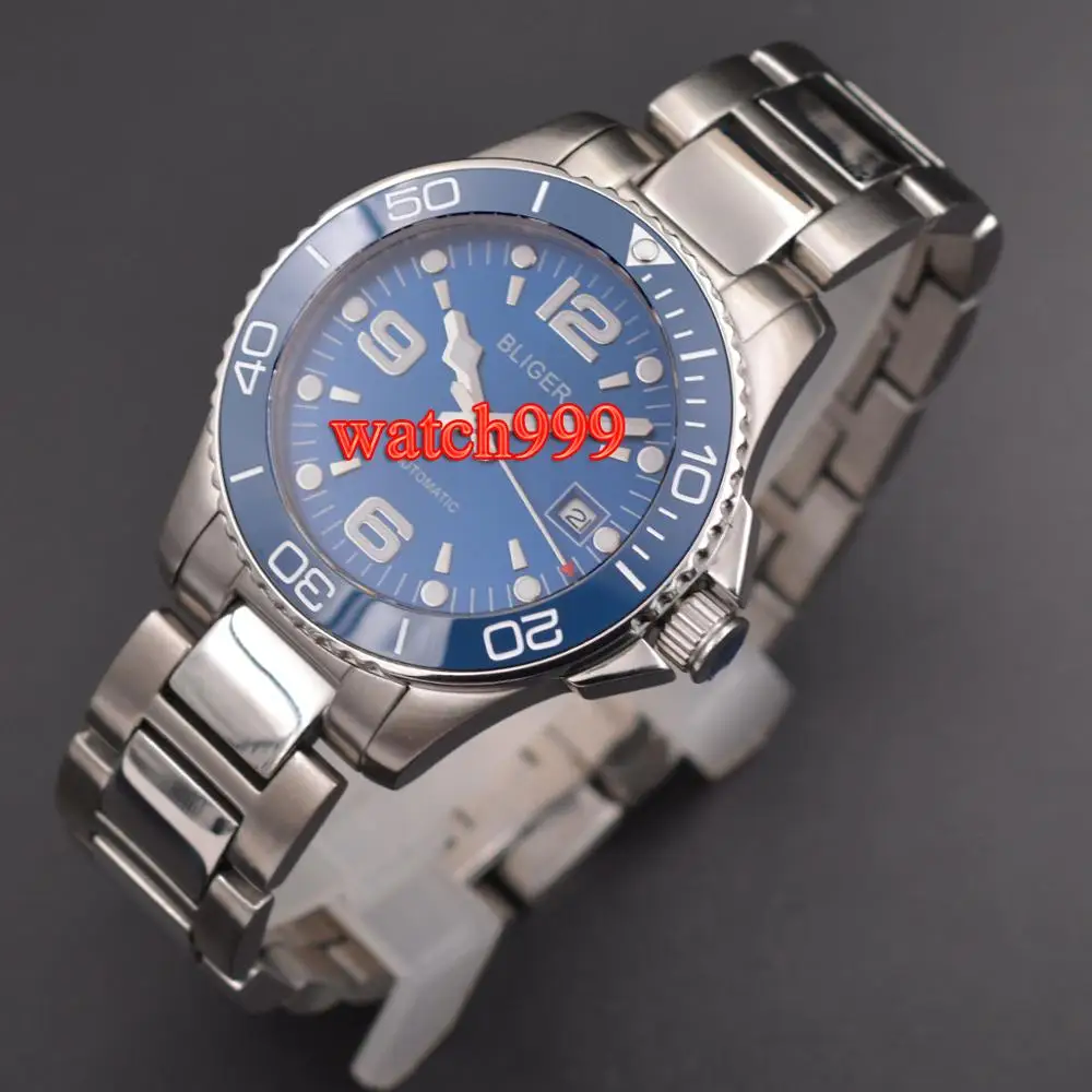 

40mm bliger blue dial solid stainless steel case Sapphire crystal Ceramic bezel deployant style clasps automatic mens watch
