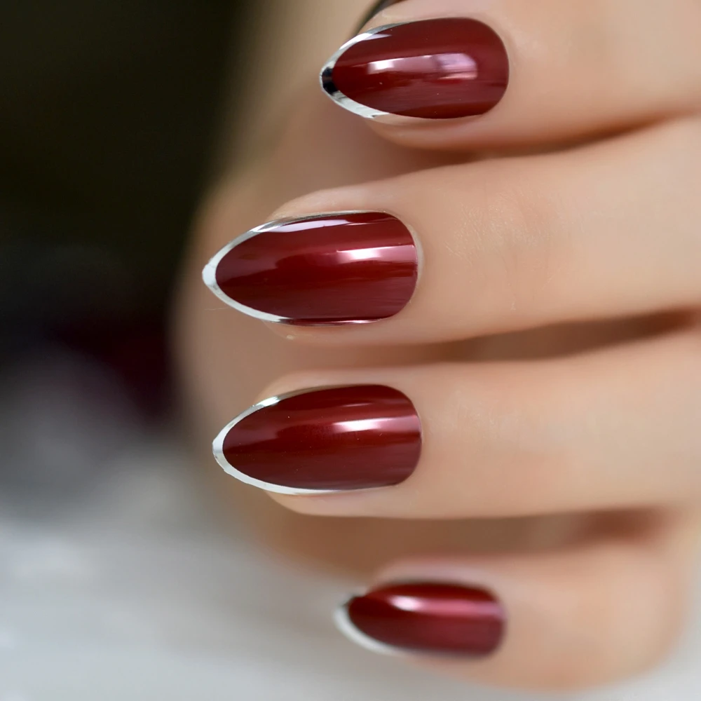 Ongles En Gel Rouge Bordeaux Faux Nails Burgundy Nail Art Métallique Argent Métallique Stonettos Ovale  Sharde Bordeaux Rouge Appuyez sur une fausse bande adhésive gratuite