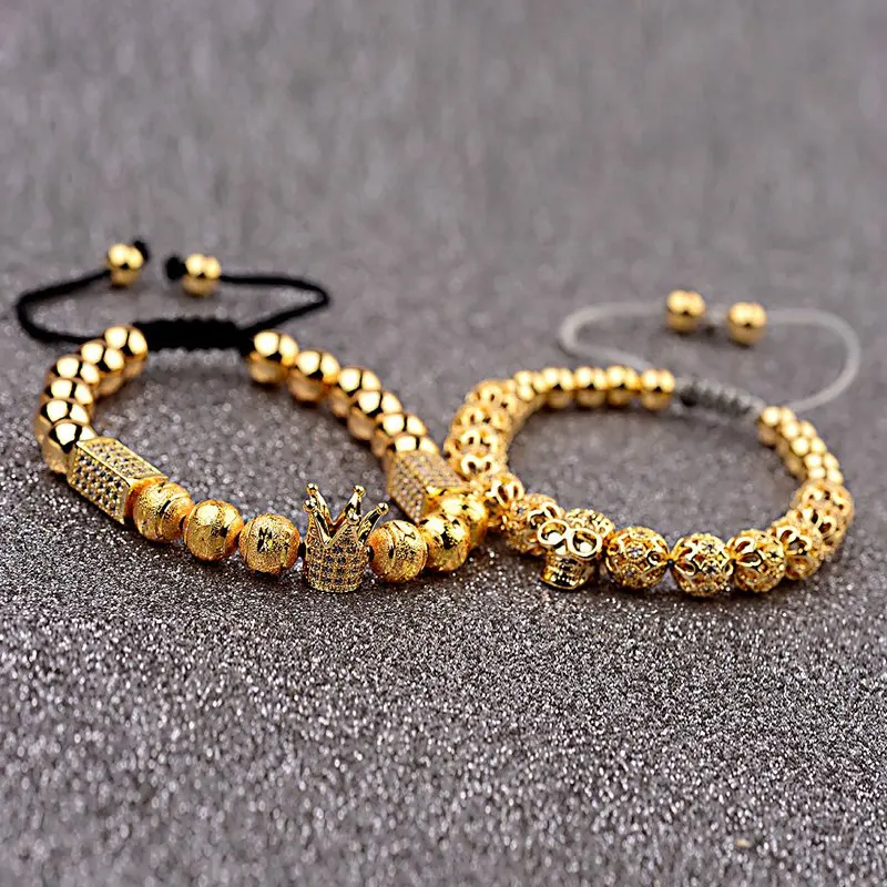 

OIQUEI Luxury Charm Jewelry Couple Distance Bracelets For Women Men Gold Color Micro Pave CZ Crown&Geometric Beaded Bracelet