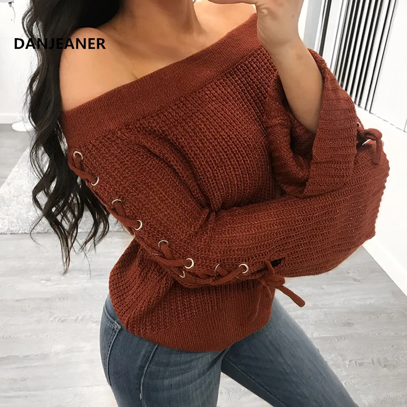 

Danjeaner Sexy Slash Neck Lace Up Pullovers Vintage Caramel Color Flare Sleeve Sweaters Autumn Winter Thick Warm Tops Jumper