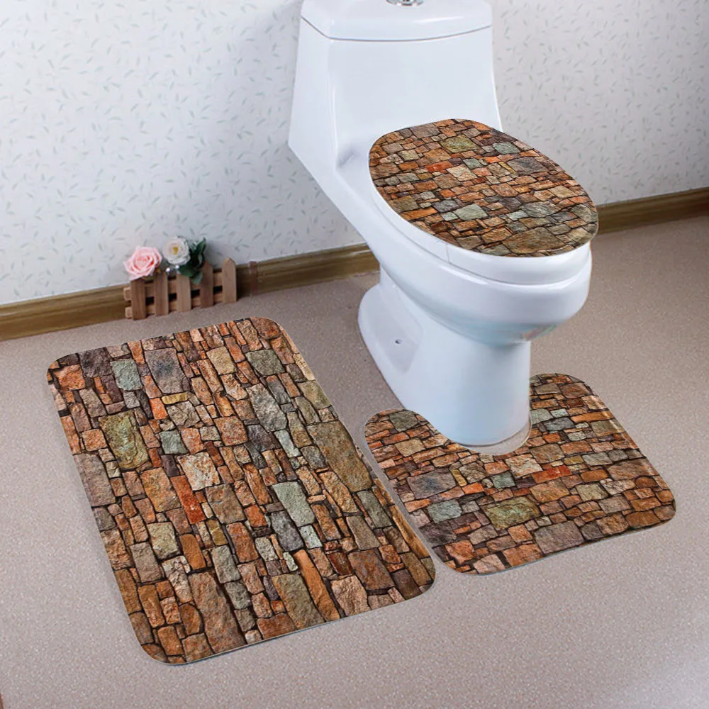 

Woodgrain 3pcs Bath Mat Set Bathroom Carpet Anti Slip Toilet Pattern Flannel Toilet Seat Cover Set Shower Room Rug Floor Mats