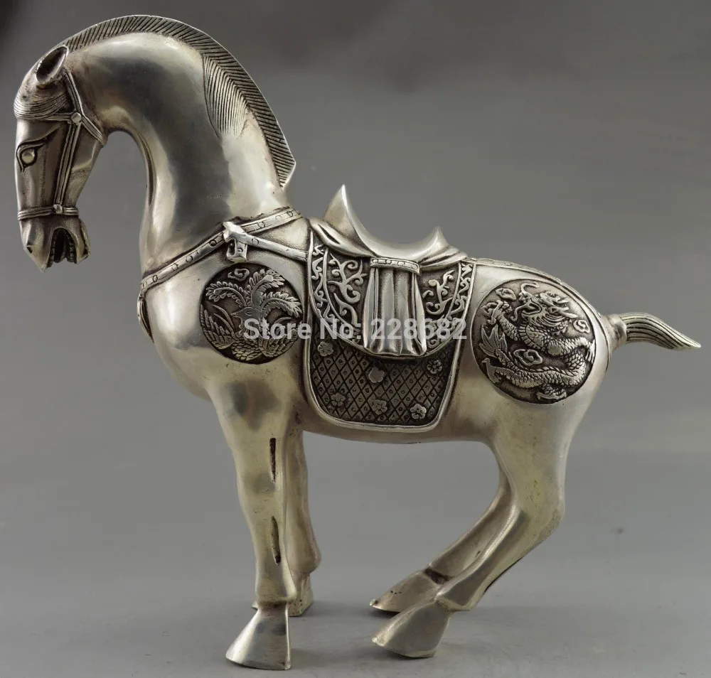 

Metal Crafts Collectible Decorated Old Handwork Tibet Silver Carved Big Zodiac Horse Statue fast SHIPPING
