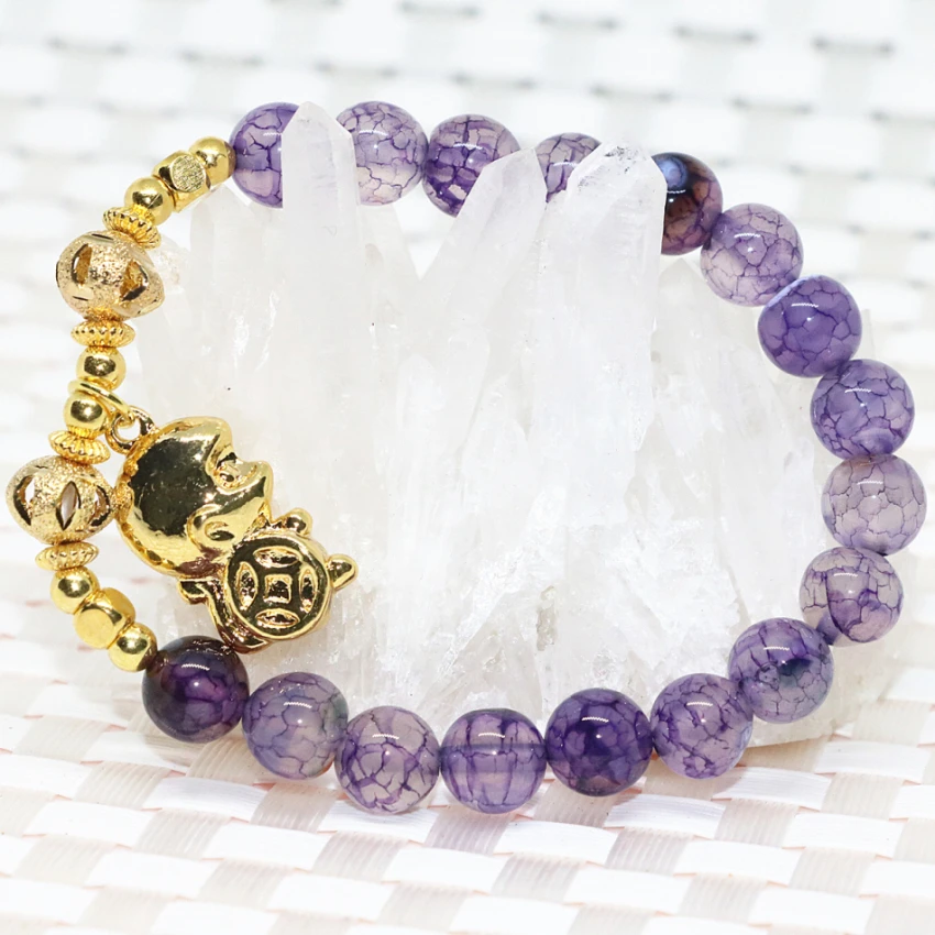 Bohemia style gold-plated monkey accessory natural purple 8mm popcorn agate round beads stone bracelet diy jewelry 7.5inch B2058 | Украшения
