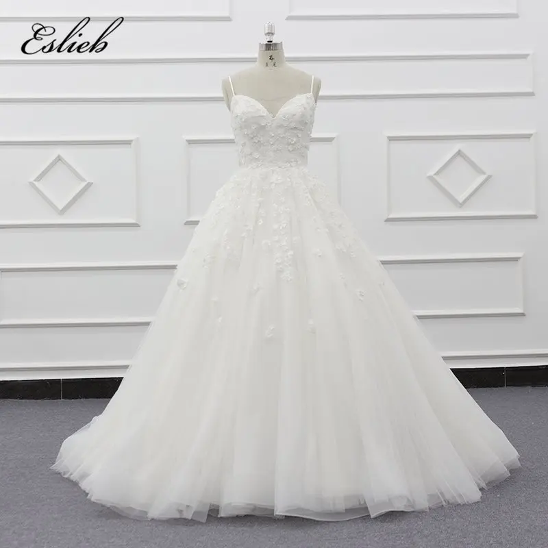2019 Eslieb SJ045 длинное белое торжественное кружевное платье на бретельках цвета слоновой кости без рукавов Милое Свадебное платье бальное