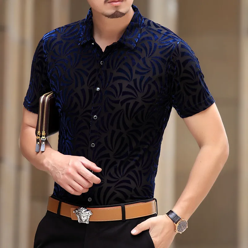 Mens See Through Shirts Black Blue Velvet Shirts Men Summer Thin Soft ...