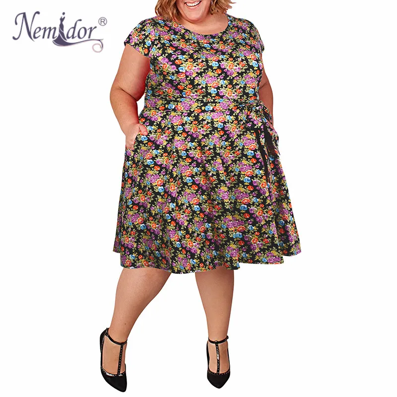 

Nemidor Women Casual O-neck Short Sleeve Floral Print A-line Dress Plus Size 7XL 8XL 9XL Vintage 1950s Swing Dress With Pockets