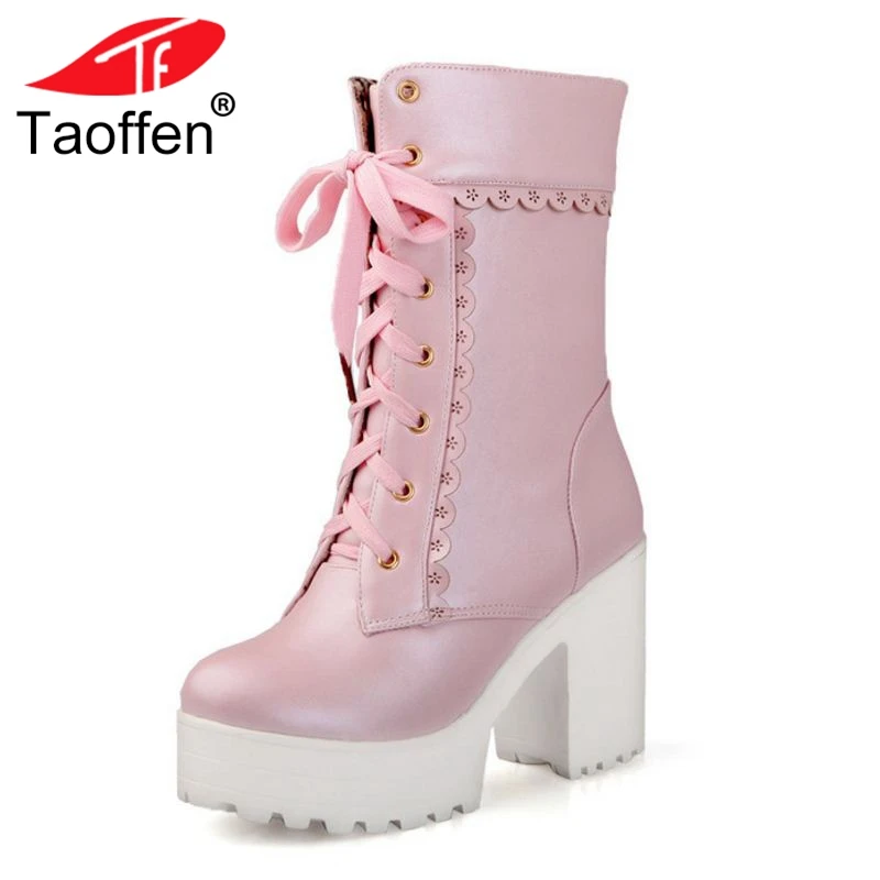 

TAOFFEN Spring And Autumn Lace-Up Sweet Platform Ankle Boots Floral Border High Square Heel Women Shoes Big Size 33-42