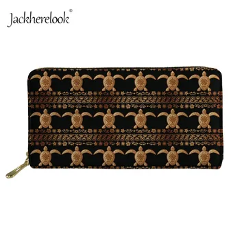 

Jackherelook Sea Turtle Print Leather Wallets Women Long Coin Purse Polynsian Tribal Hawaiian Style Zipper Phone Card Bag Ladies