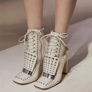 

White Studs Lace up Women Boots Square Toe Chunky Heel Ankle Booties For Woman Cross-tied High Heels Sexy Pump Female Shoes