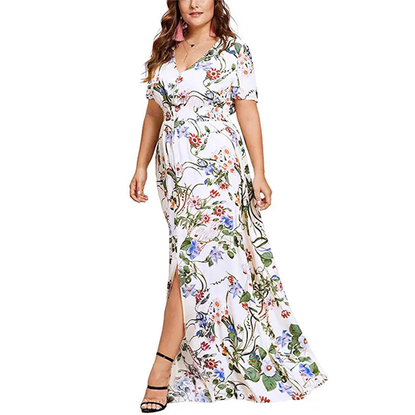 New Women Summer Plus Size V-neck Casual Bohemian Off-Shoulder Ruffled Banded Long Dress Elegant Beach Dress vestidos #4A26 (4)
