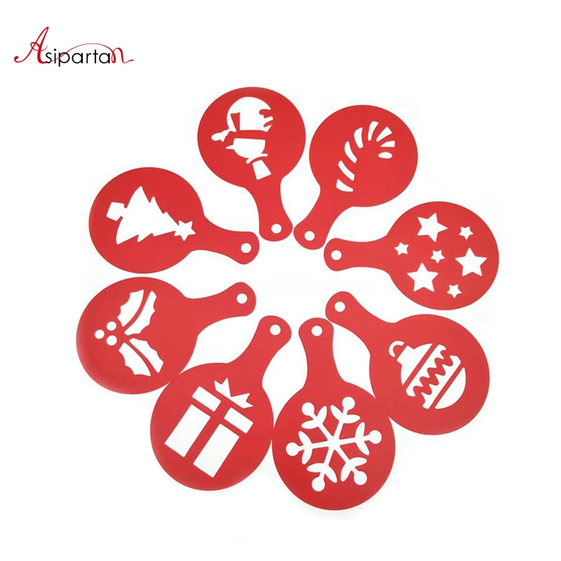 

Asipartan 8pcs/set Coffee Stencils Christmas Valentine's Day Fancy Coffee Pull Flower Mold Latte Cappuccino Barista Duster Spray