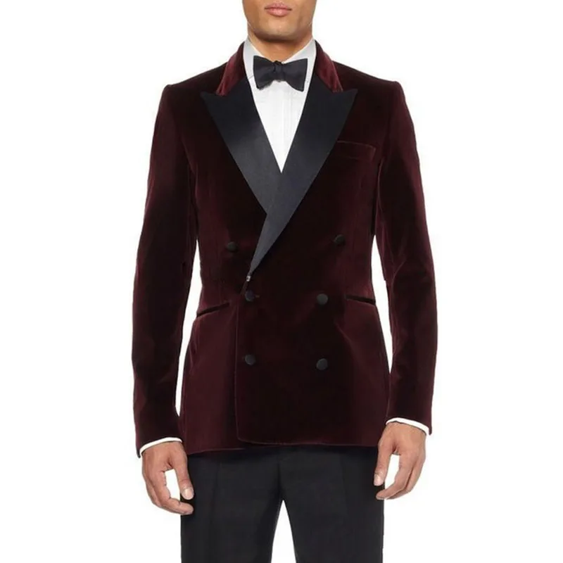 739 Double-Breasted Dark Red Velvet Groom Tuxedos Groomsmen Men's Wedding Prom Suits Bridegroom men suit (Jacket+Pants+bow Tie)