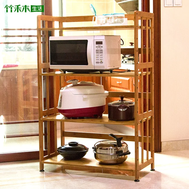 Bamboo acaroid microwave oven shelf rack bamboo wood storage rack shelf