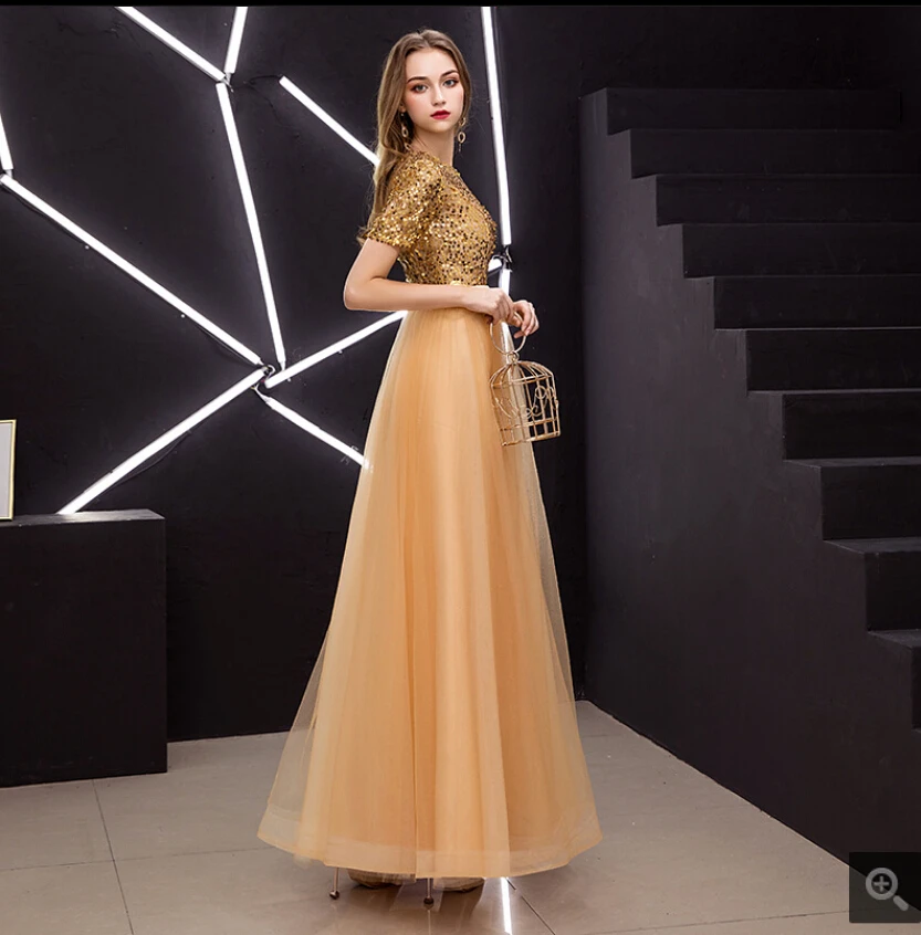 Vestido De Festa Золотое расшитое блестками тканевое ТРАПЕЦИЕВИДНОЕ скромное вечернее