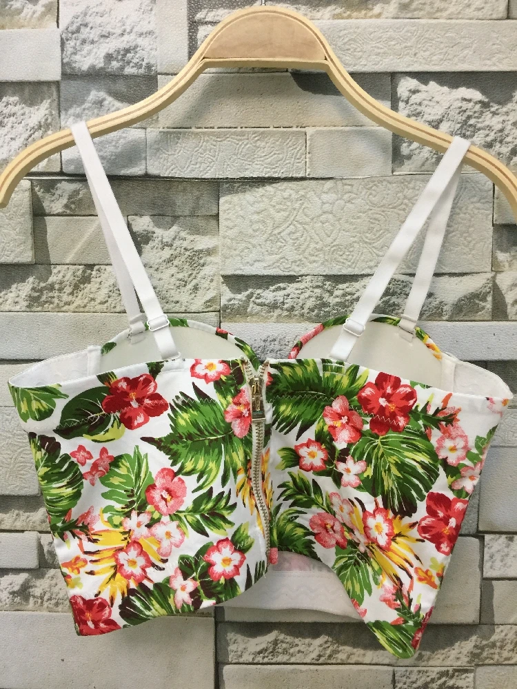 P16 New Fashion Summer Women Floral Lily Print Zipper Bralet Ladies Camis Tank Cotton Bra Top Corset Cropped Tube Tops
