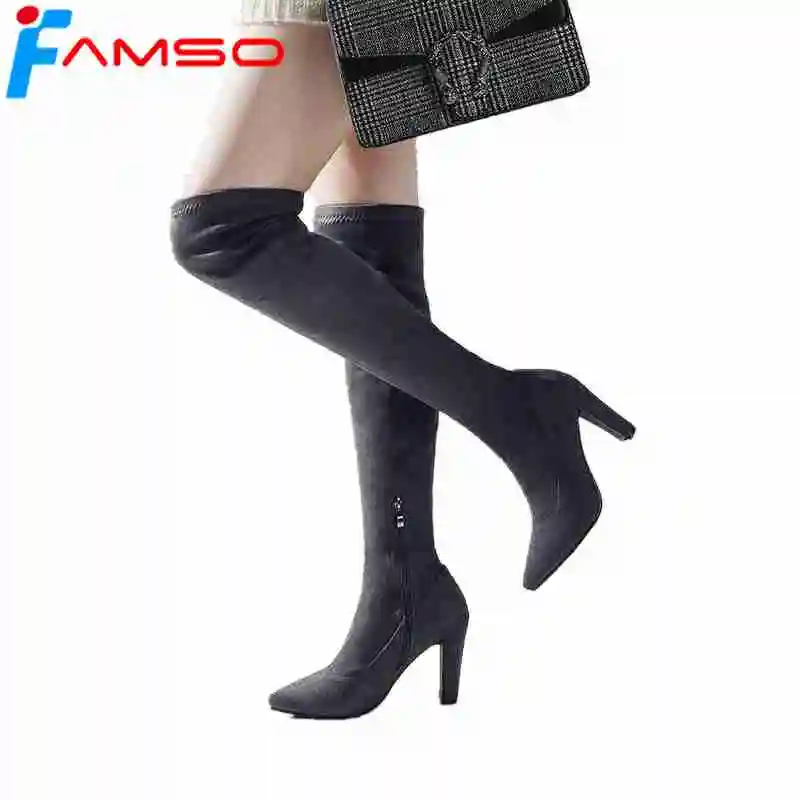 

FAMSO 2019 Women Boots Patent Leather High Heels Thigh High Boots Designer Female Pointed Toe Sexy Winter Motorcycle Boots