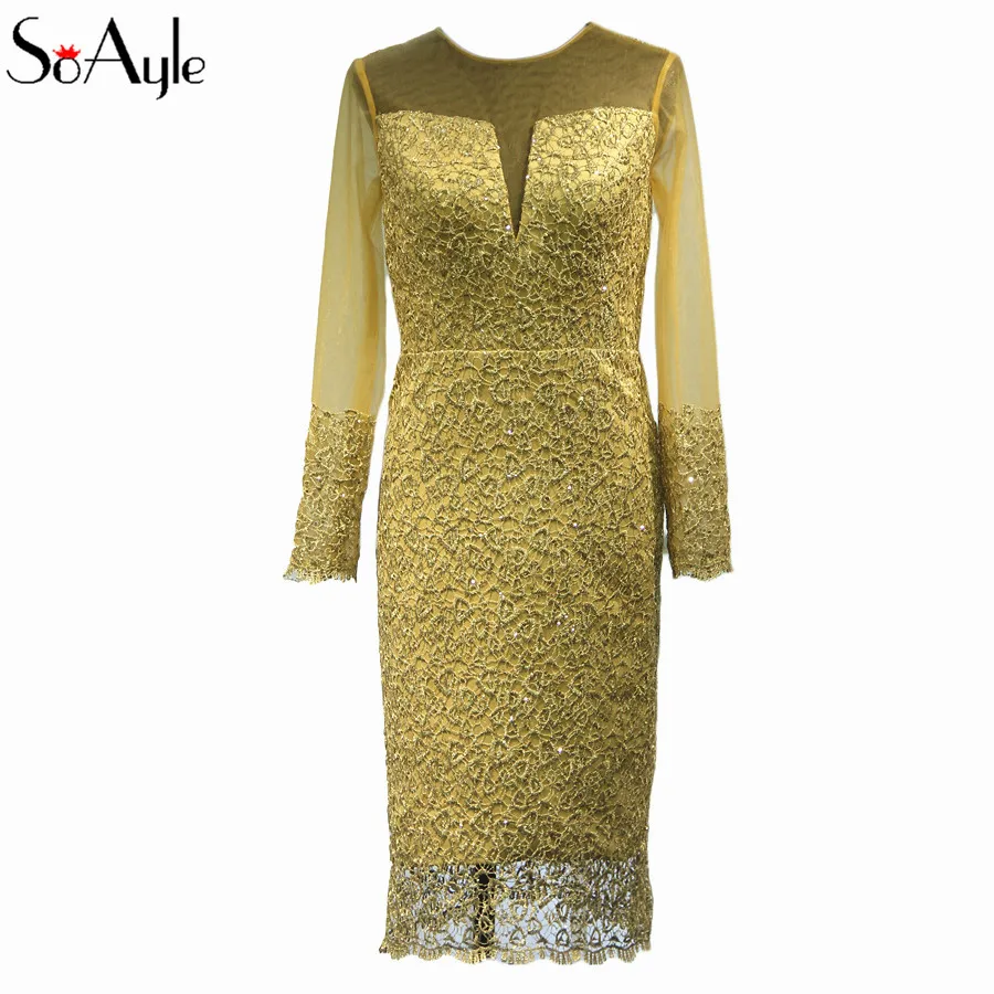 

SoAyle Real Picture Vestidos de festa 2017 Mother of Bride Dresses Long Sleeves Gold Lace Gorgeous Formal Dress Wedding Guest