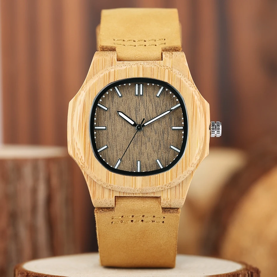 Men Women Wooden Watch Creative Round Shape Dial Light Wood Case Genuine Leather Band Bamboo Wood Clock Male Reloj de madera TOP 2017 (7)