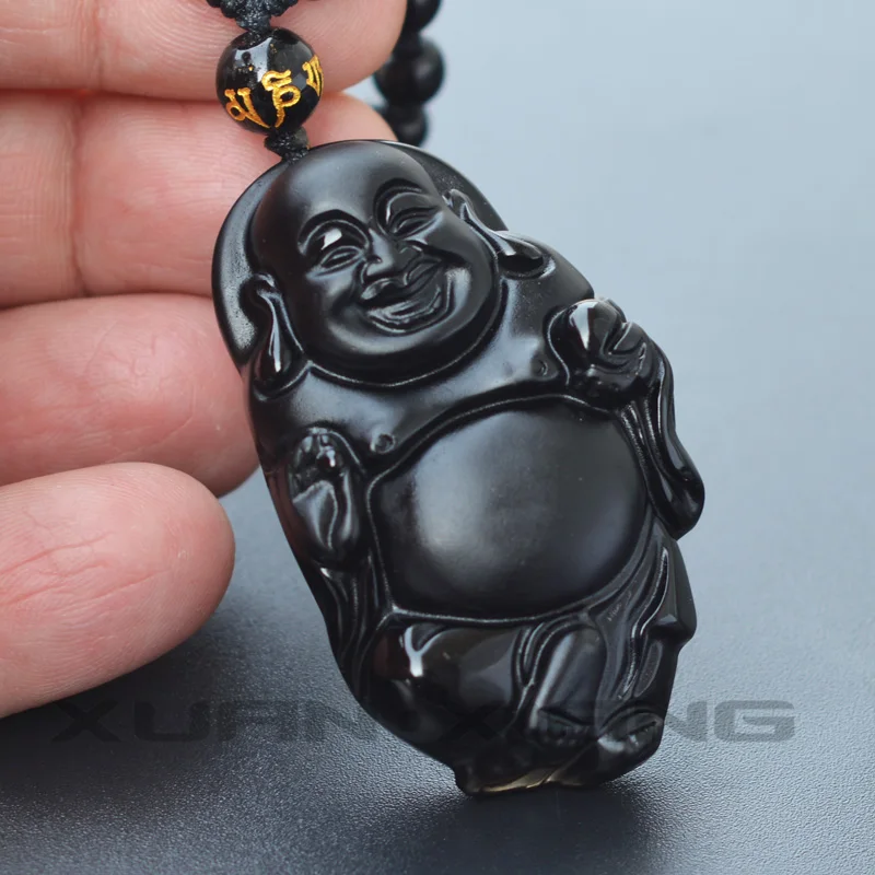 

Drop Shipping Men's Jade Necklace Pendant Black Obsidian Stone Maitreya Laughing Buddha Pendant Gift for Female's Fine Jewelry