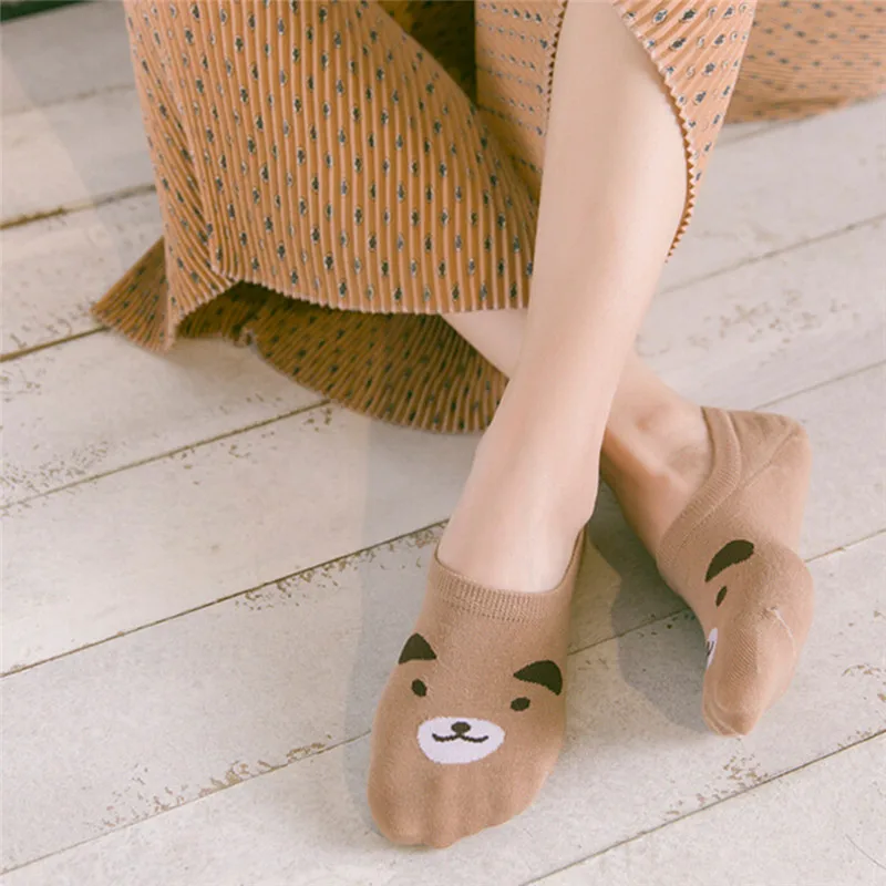Kitty/кролик/медведь модные женские туфли Невидимый хлопковые носки Нескользящая Loafer Liner Low Cut Мультфильм животных Леди необходимость