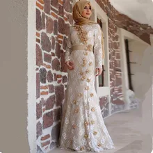 Elegant Champagne Lace Muslim Evening Dress Long Sleeve Flowers Mermaid Hijab Formal Dresses Islamic Women Dinner Gowns Gala