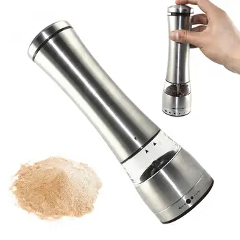 

Silver Electric Salt Pepper Mills Grinder Spice Mill Battery Power with Adjustable Ceramic and LED Light for Cooking Tool