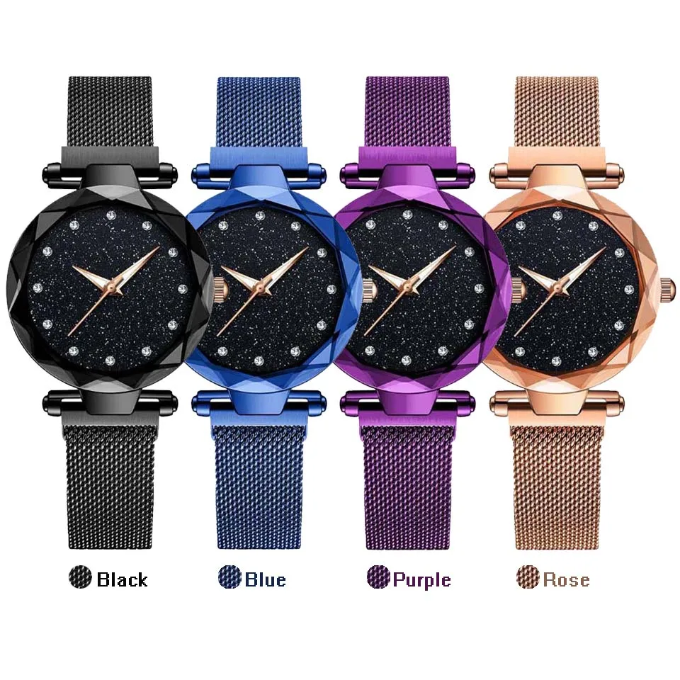 

Luxury Women Watches Mesh Ladies Clock Magnet Buckle Starry Diamond Geometric Surface Casual Dress Quartz Wristwatch montre femm