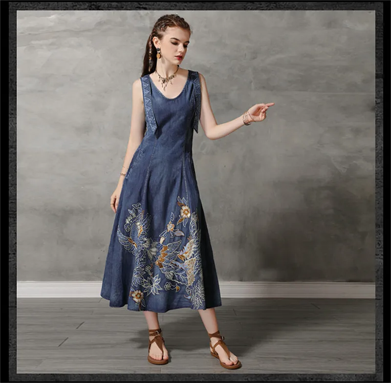 Summer Tank Dress 2019 Vintage Cotton Women's Denim Dresses O-Neck Sleeveless Woman Embroidery Swing Hem Sundress Ke82168 (13)
