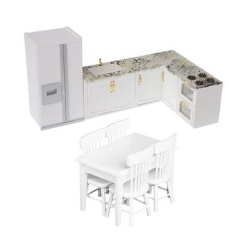 

1:12 Dollhouse Kitchen Furniture Table Chairs & Cooking Bench & Refrigerator Kitchen Furniture Kit Accessory
