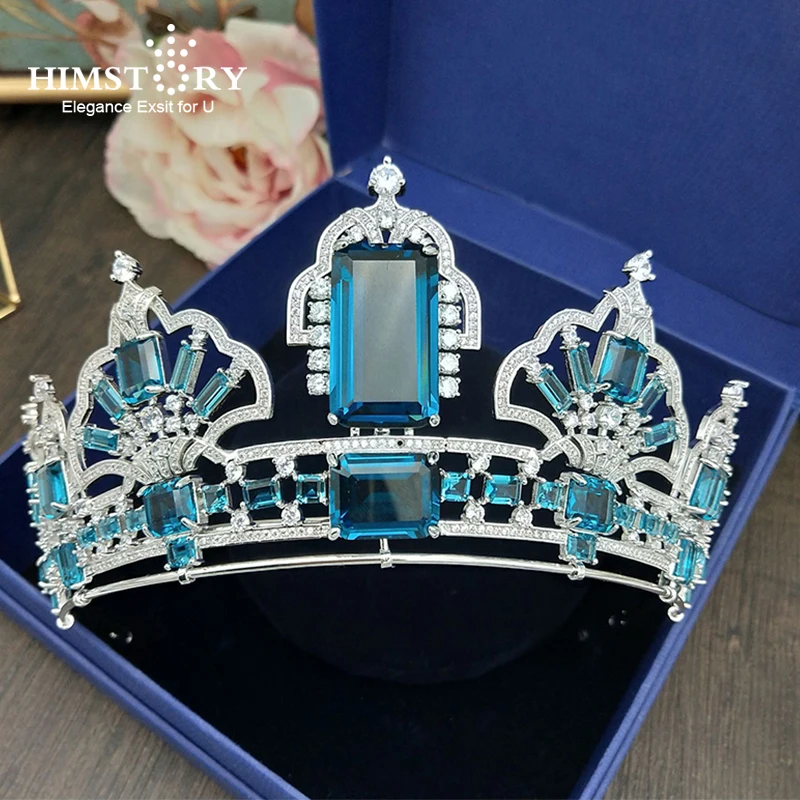 

HIMSTORY Big Squre Paved Cubic Zircon Crown CZ Tiaras Vintage Blue Crystal Bridal Diadema Wedding Hair Accessories