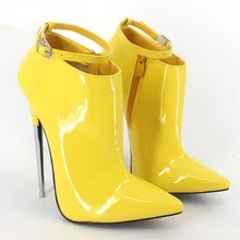 Желтые женские туфли-лодочки из лакированной кожи с острым носком на металлическом каблуке, с ремешком на лодыжке, Bottes Femmes Bottines Cuir Femme