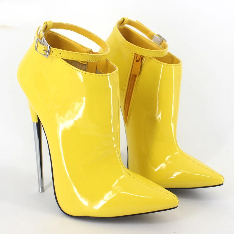 Pointu Femmes Talons Bottes Bout Bottines Femme Sangles Verni Haute Jaune Cuir Cheville En Pompes Métal f4U18aq