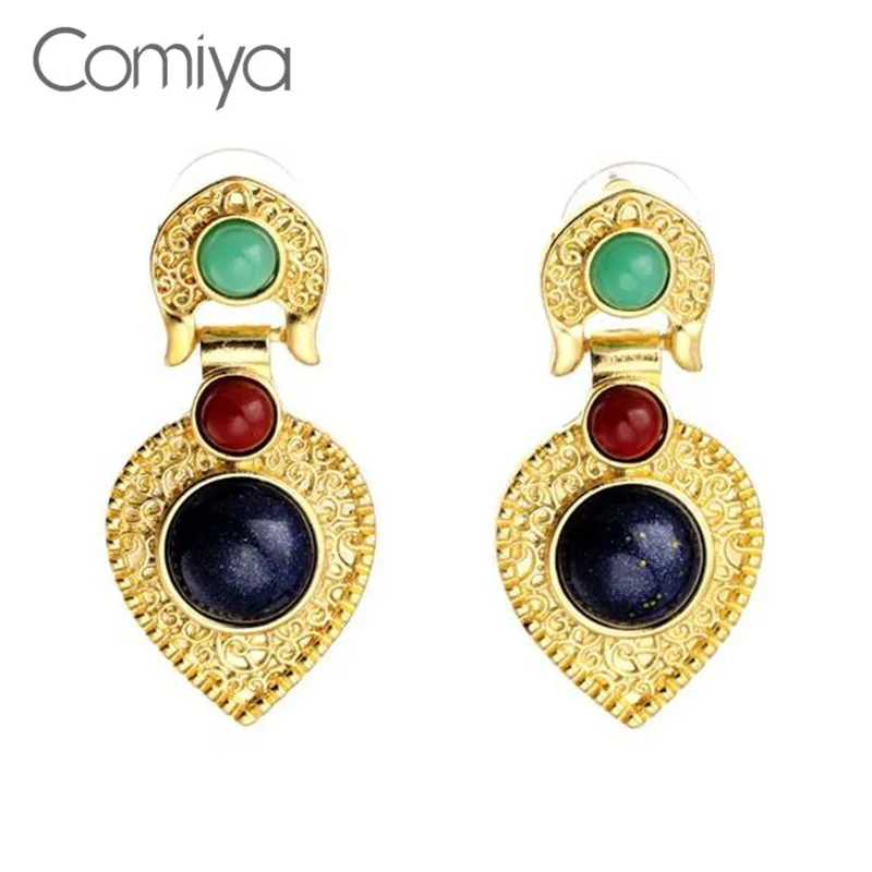 

Comiya Gold Chunky Exotic Novelty Stones Pendientes Brincos Drop Earrings For Women Indian Jewelry Carved Embossed Colorful 2017