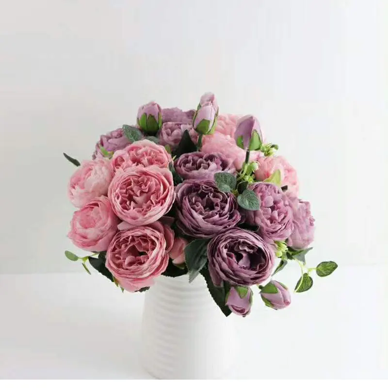 

9 head 30cm Rose Pink Silk Peony Artificial Flowers Bouquet 5 Big Head and 4 Bud Fake Flowers for Home Wedding Decoration indoor