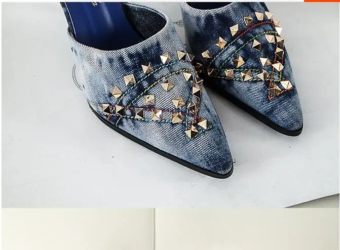 Denim Decorative Studded Blue Jeans Sandals Metal Stiletto Shoes Woman Pointed Toe High Heels Mules Slippers Pumps Lady Shoes