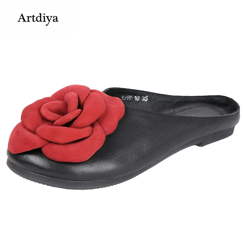 

Artdiya 2018 Summer New Flower Women Slippers Cowhide Genuine Leather Folk Style Handmade Flat Slippers 3016-10