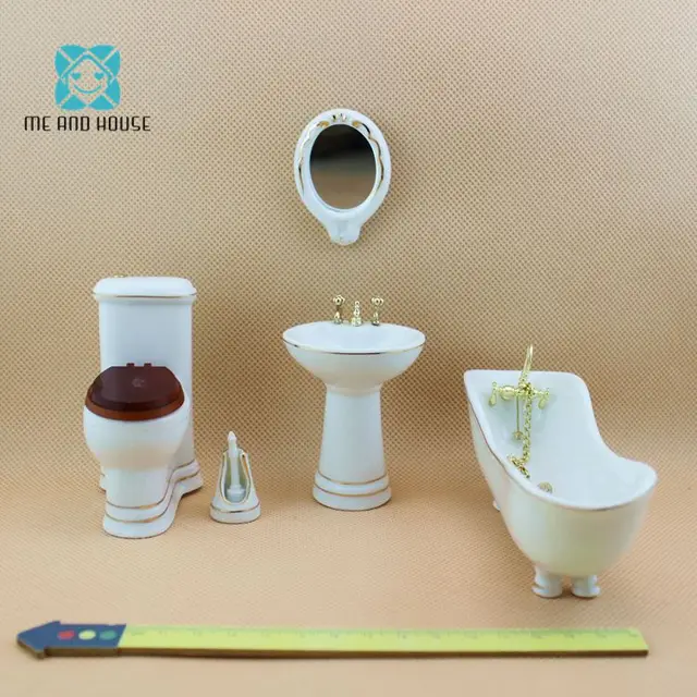 1 12 Doll House Miniature Gold Rimmed Porcelain Bath Set Tub Mirror Sink Commode In Doll Houses From Toys Hobbies On Aliexpress Com Alibaba Group