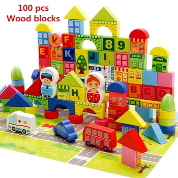 

100 pcs/set Hot Sale Wooden Building Blocks learning and educational city traffic scenes letters and numbers toys for childern